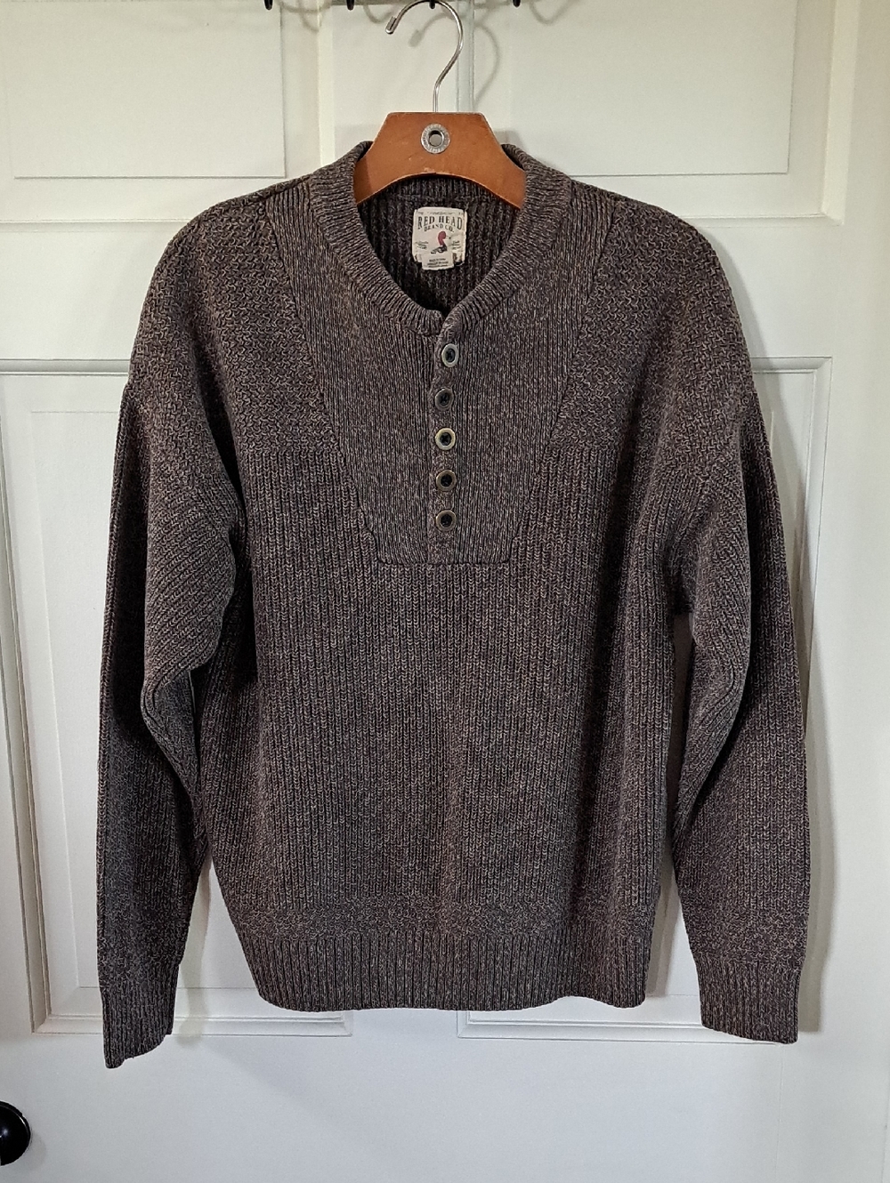Red Head Henley Knit Sweater Brown Tweed Cotton Blend Comfy Classic Timeless